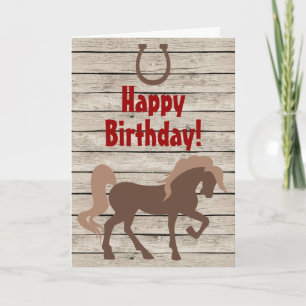 Tarjeta Caballo marrón y zapato de caballo en cumpleaños d