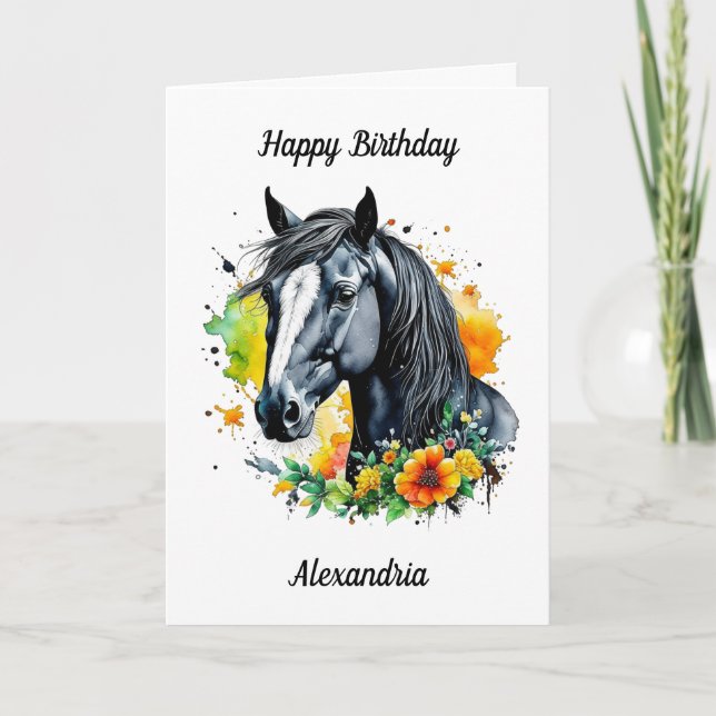 Tarjeta Caballo negro rodeado de flores amarillas cumpleañ (Anverso)