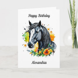Tarjeta Caballo negro rodeado de flores amarillas cumpleañ