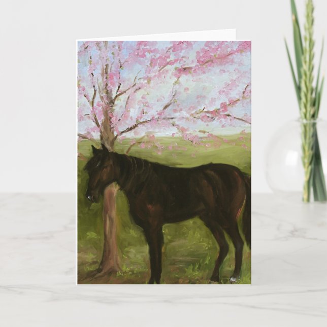 Tarjeta Caballo negro y árbol de cerezo (Anverso)