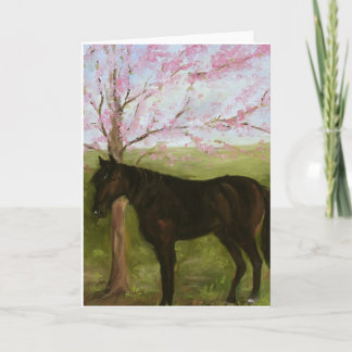 Tarjeta Caballo negro y árbol de cerezo