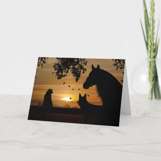 Tarjeta Caballo Perro Gato Pájaros Blanco  (Anverso)