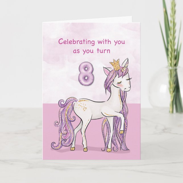 Tarjeta Caballo Rosa Con Corona Cumpleaños 8 (Anverso)