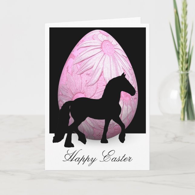 Tarjeta Caballo y huevo rosado Pascua feliz de la silueta (Anverso)