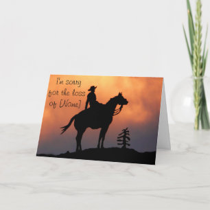 Tarjeta Caballo y jinete en la silueta de la puesta del