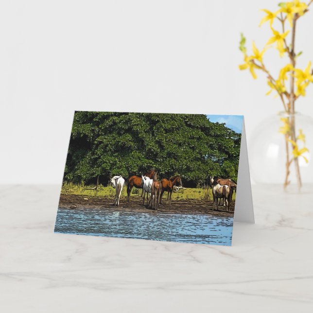 Tarjeta Caballos a orillas del agua - Costa Rica (flor amarilla)