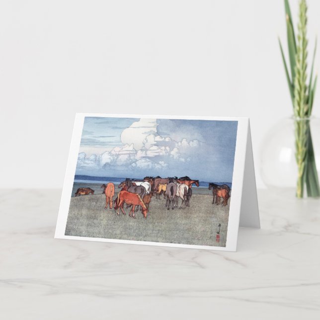 Tarjeta Caballos de Rancho, Hiroshi Yoshida, Woodcut (Anverso)