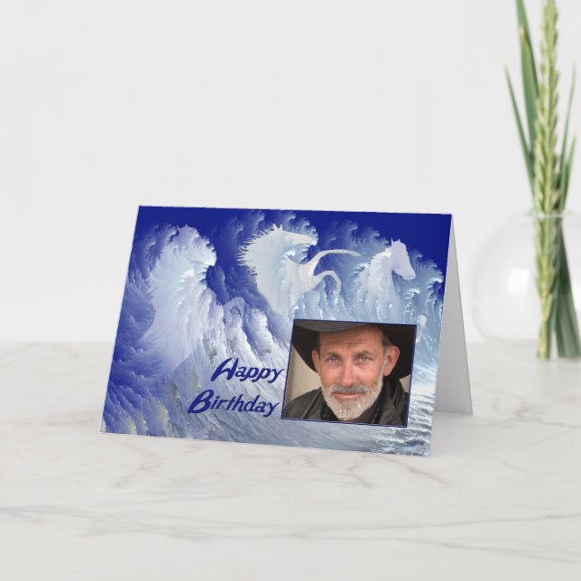 Tarjeta Caballos de surf blancos Foto de cumpleaños (Anverso)