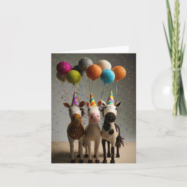 Tarjeta Caballos Fiestas caprichosos con globos coloridos (Anverso)