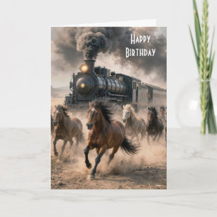 Tarjeta Caballos Salvajes de Cumpleaños con Tren de Vapor