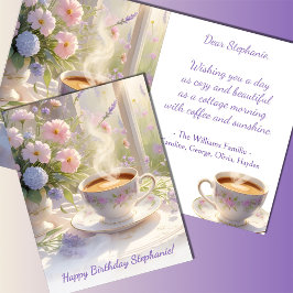 Tarjeta Cabaña Acogedora Café y Flores Silvestres Cumpleañ