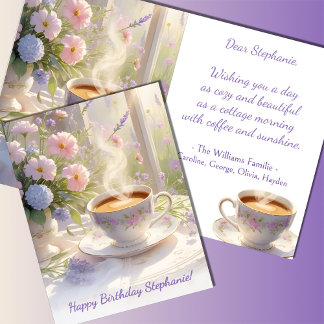 Tarjeta Cabaña Acogedora Café y Flores Silvestres Cumpleañ