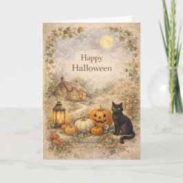 Tarjeta Cabaña Acogedora Halloween Vintage