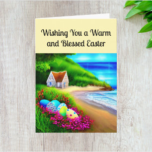 Tarjeta Cabaña costera con Alegría y Paz en Huevos de Pasc