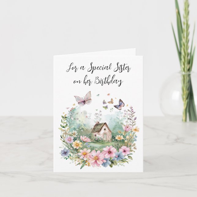 Tarjeta Cabaña de acuarela en una corona floral para herma (Anverso)