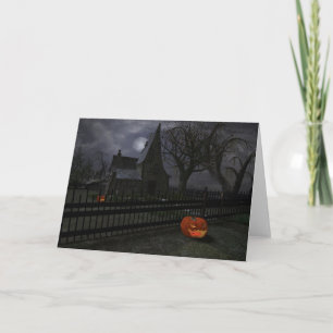 Tarjeta Cabaña de la bruja con la linterna de la calabaza