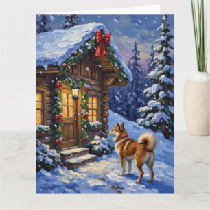 Tarjeta Cabaña de Navidad Perro Akita Fiesta