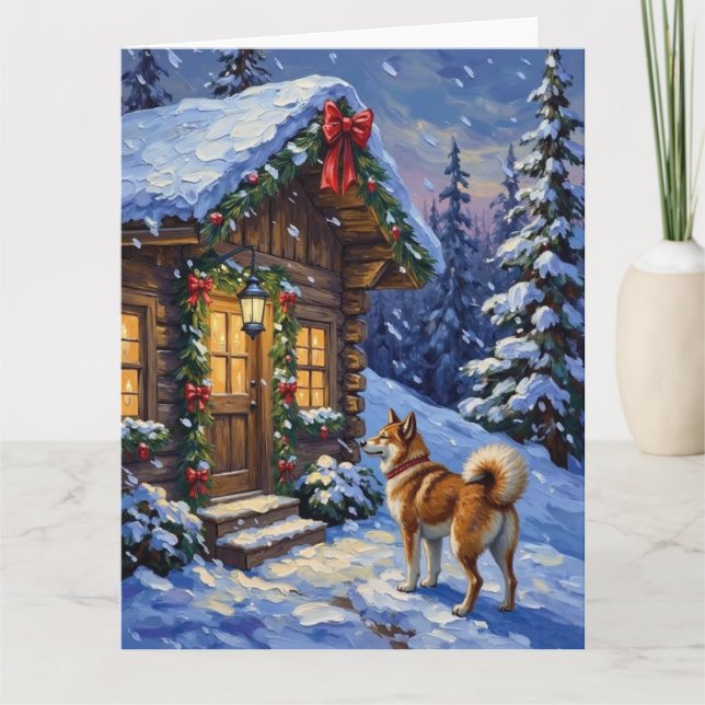 Tarjeta Cabaña de Navidad Perro Akita Fiesta (Anverso)