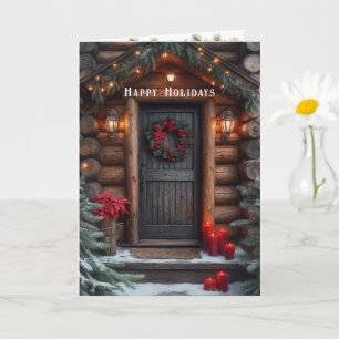 Tarjeta Cabaña de Navidad Pinos Flor de Pascua Roja