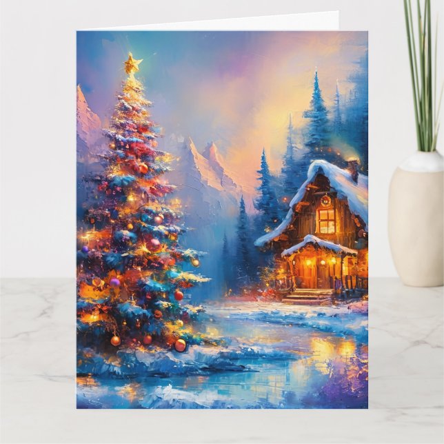 Tarjeta Cabaña de Navidades de Montaña Dreamy Whimsical (Anverso)