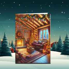 Tarjeta Cabaña de troncos cálida y acogedora y Navidad con