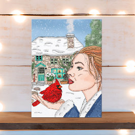 Tarjeta Cabaña inglesa y cardenal Día del Invierno en blan