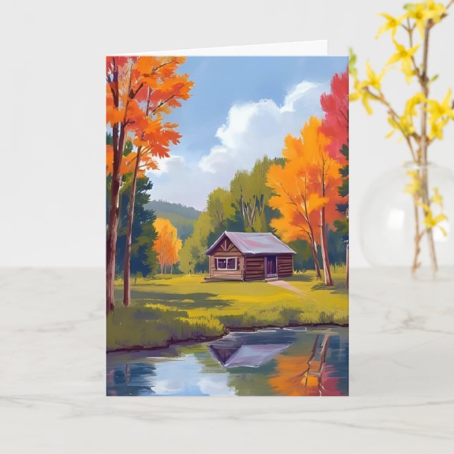 Tarjeta Cabaña junto al lago de otoño (flor amarilla)