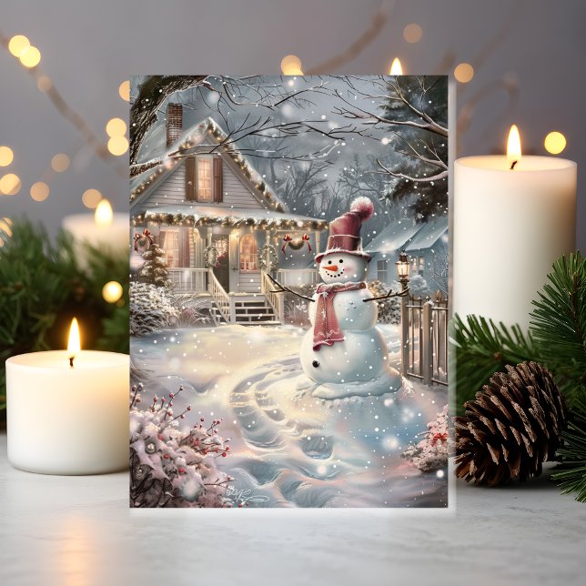 Tarjeta Cabaña Navideña Acogedora y Brillante con Muñeco d (Snowman Smiles & Cozy Vibes in Front of a Holiday-Ready Home)