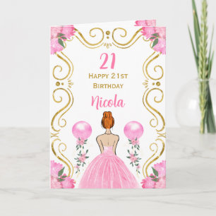 Tarjeta Cabello rojo Princesa Rosa Feliz cumpleaños