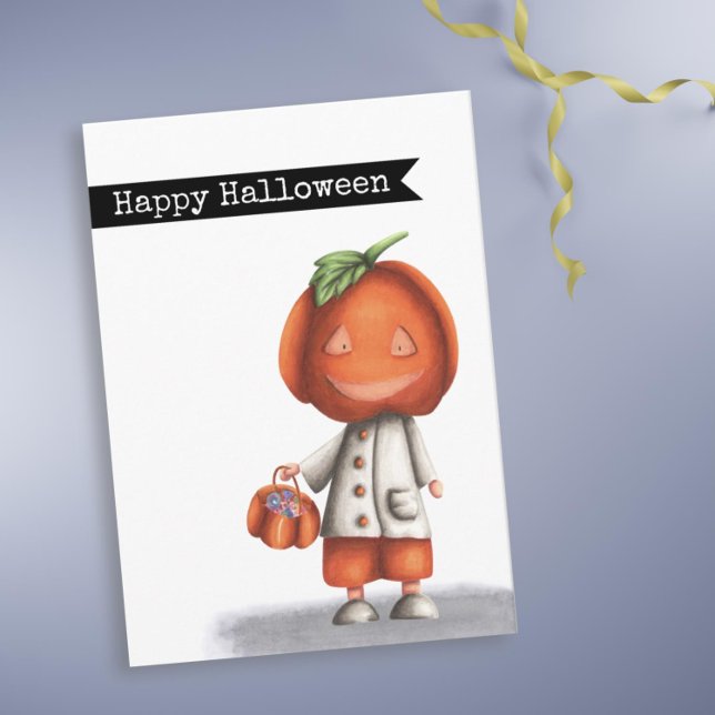 Tarjeta Cabeza de calabaza alegre Halloween (Cute Halloween card with a little kid in a Jack O Lantern costume by Kinda Cute by Patricia Alvarez)