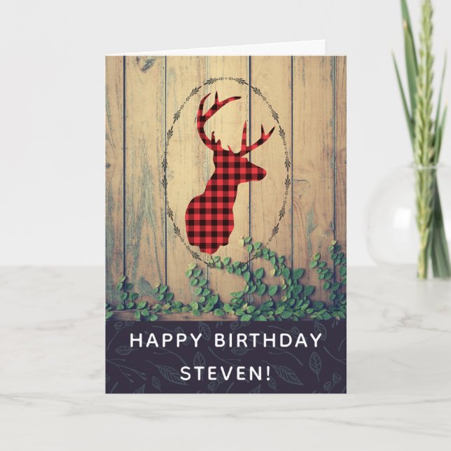 Tarjeta Cabeza de ciervo con Antlers - Cumpleaños Rústico  (Anverso)