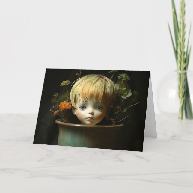 Tarjeta Cabeza de muñeca en maceta de flores todas las oca (Anverso)