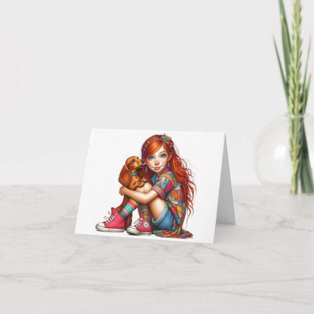 Tarjeta Cabeza roja animada con Dachshund en cualquier oca (Anverso)