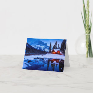 Tarjeta Cabina canadiense con nieve, atardecer canadiense