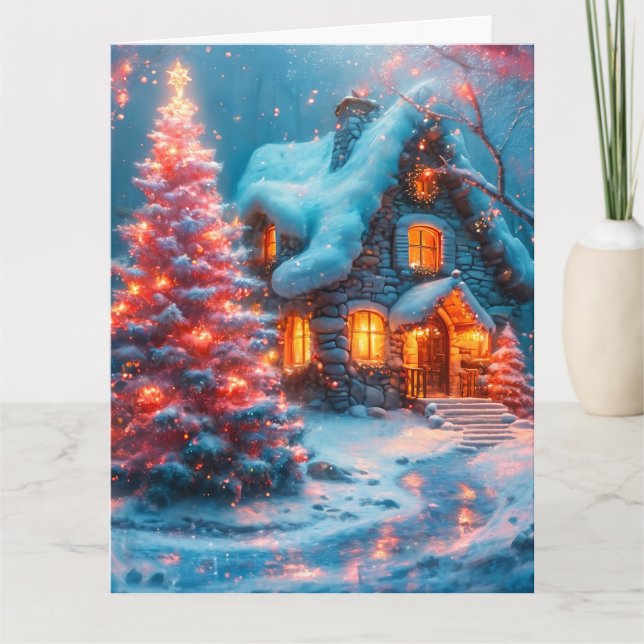 Tarjeta Cabina caprichosa con árbol de Navidad rosa (Anverso)