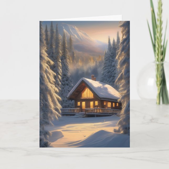 Tarjeta Cabina de invierno en los Navidades de las montaña (Anverso)