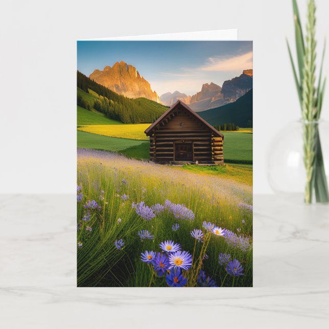 Tarjeta Cabina De Montaña Con Flores Silvestres Para El Cu (Anverso)