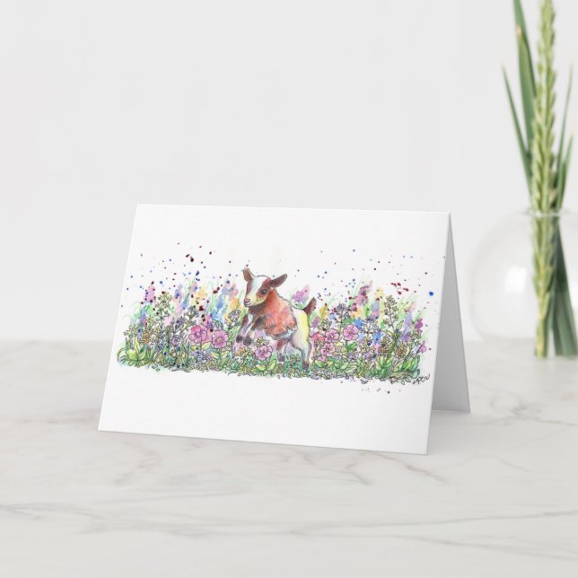 Tarjeta Cabra bebé en campo de flores (Anverso)