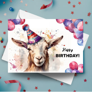 Tarjeta Cabra con globos y Gorra Fiesta Feliz cumpleaños