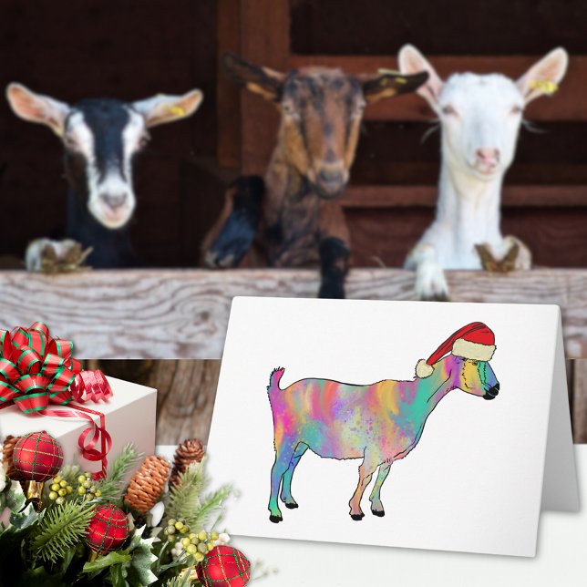 Tarjeta Cabra de Navidad Colorida (Christmas goat colorful farm animal art holiday card cute goat wearing a Santa hat watercolor)