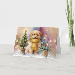 Tarjeta Cachorro Adorable con Bufanda Amarilla y Árbol de