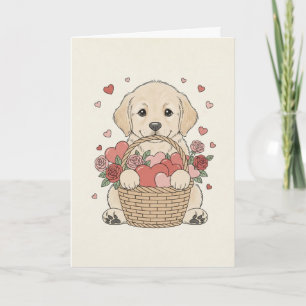 Tarjeta Cachorro adorable con corazón y canasta de rosas i