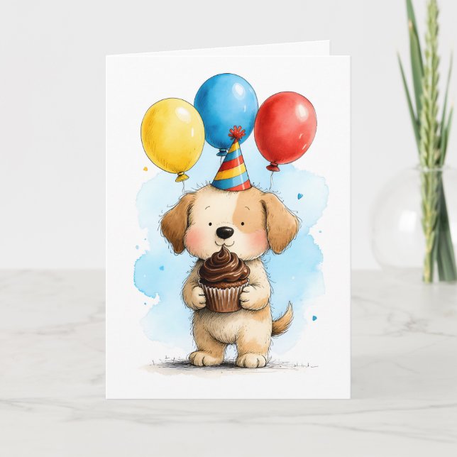 Tarjeta Cachorro Adorable con Cumpleaños Feliz Infantil (Anverso)