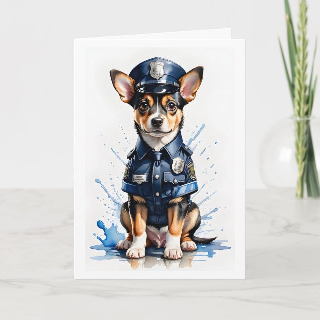 Tarjeta Cachorro Adorable con Uniforme de Policía Acuarela (Anverso)