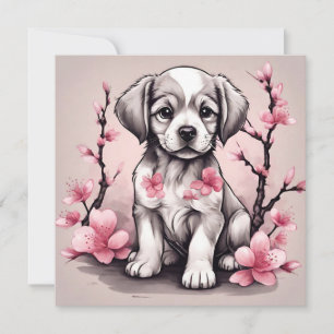 Tarjeta Cachorro Adorable y Flores de Cerezo Rosadas 