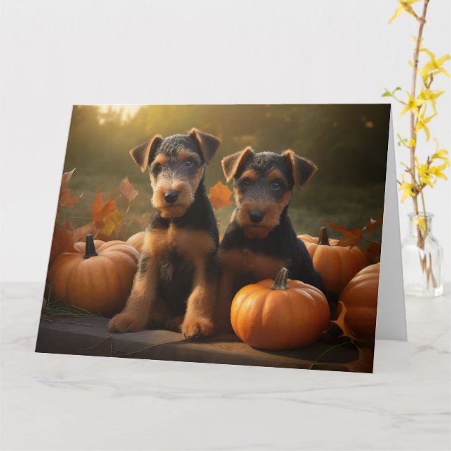 Tarjeta Cachorro Airedale Delicia de Otoño Calabaza (flor amarilla)