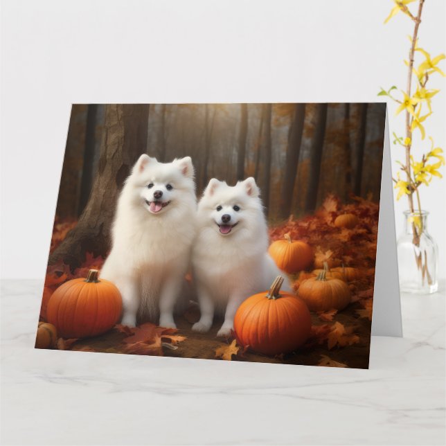 Tarjeta Cachorro American Eskimo Otoño Delicia Calabaza (flor amarilla)
