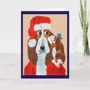 Tarjeta Cachorro Basset contándole a Santa sus deseos de N