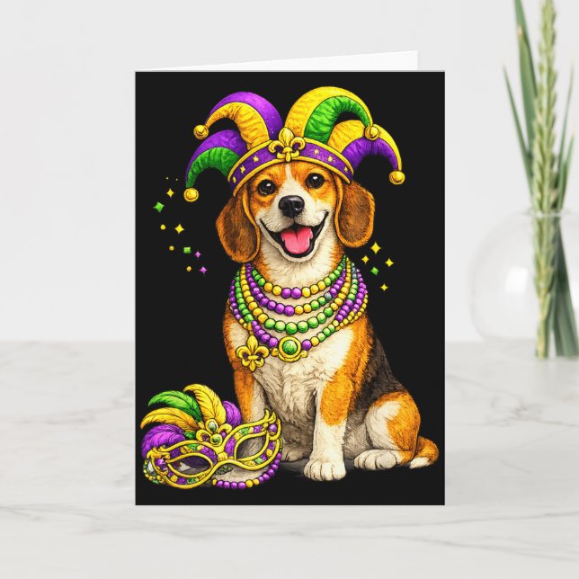 Tarjeta Cachorro Beagle con tema de Mardi Gras lindo (Anverso)