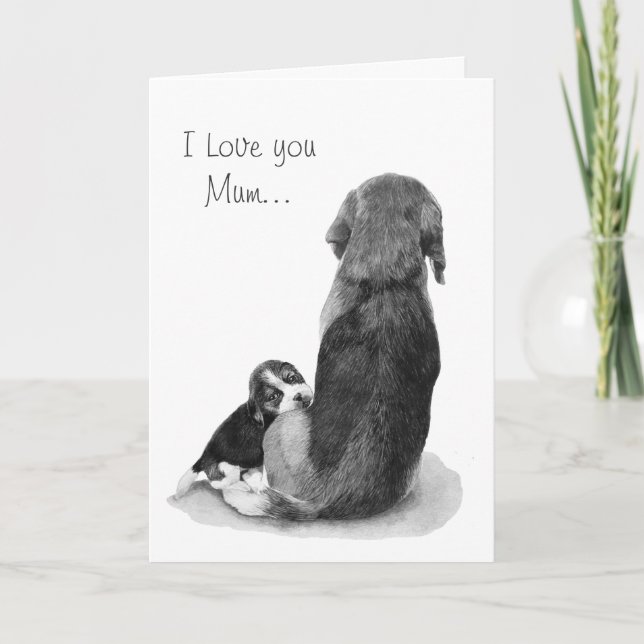 Tarjeta cachorro beagle muy lindo con mamá (Anverso)